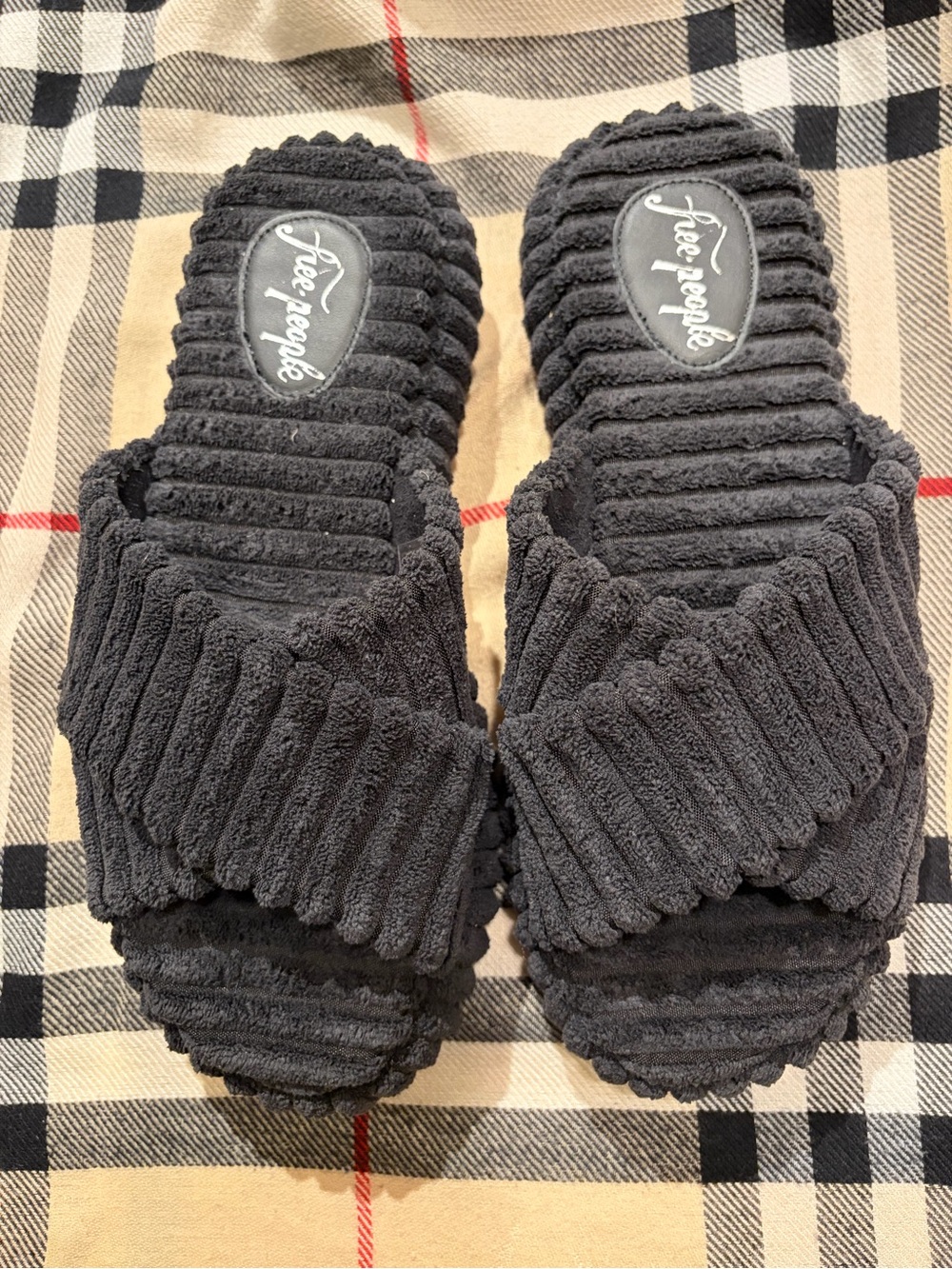 Free People Plush Ribbed Slide Sandals in Black